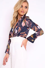 Navy Floral Plunge Satin Bodysuit - Rebeka