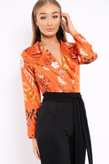 Rust Floral Plunge Satin Bodysuit - Rebeka