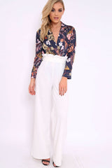 Navy Floral Plunge Satin Bodysuit - Rebeka