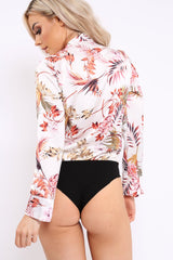 White Floral Plunge Satin Bodysuit - Rebeka