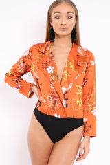 Rust Floral Plunge Satin Bodysuit - Rebeka