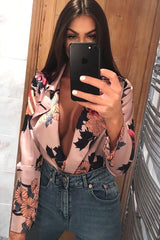 Rose Flower Print Plunge Satin Bodysuit - Madelynn