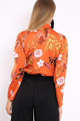 Rust Floral Plunge Satin Bodysuit - Rebeka