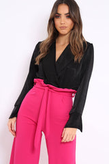 Black Plunge Satin Bodysuit - Rebeka