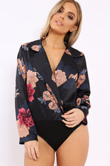 Black Flower Print Plunge Satin Bodysuit - Madelynn