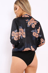 Black Flower Print Plunge Satin Bodysuit - Madelynn