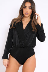 Black Plunge Satin Bodysuit - Rebeka