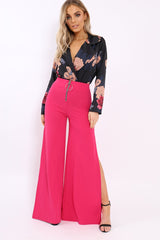 Black Flower Print Plunge Satin Bodysuit - Madelynn