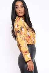 Mustard Floral Plunge Satin Bodysuit - Rebeka