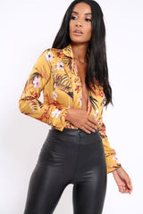 Mustard Floral Plunge Satin Bodysuit - Rebeka