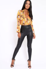Mustard Floral Plunge Satin Bodysuit - Rebeka