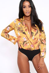 Mustard Floral Plunge Satin Bodysuit - Rebeka