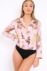 Rose Floral Plunge Satin Bodysuit - Rebeka