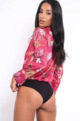 Wine Floral Plunge Satin Bodysuit - Rebeka