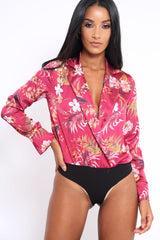 Wine Floral Plunge Satin Bodysuit - Rebeka