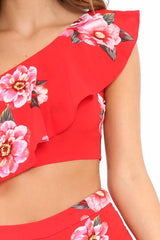 Red Floral One Shoulder Co-ord - Ivree