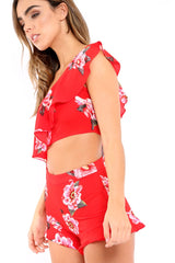 Red Floral One Shoulder Co-ord - Ivree
