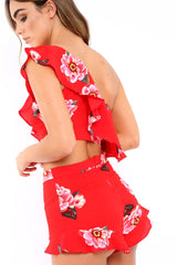 Red Floral One Shoulder Co-ord - Ivree