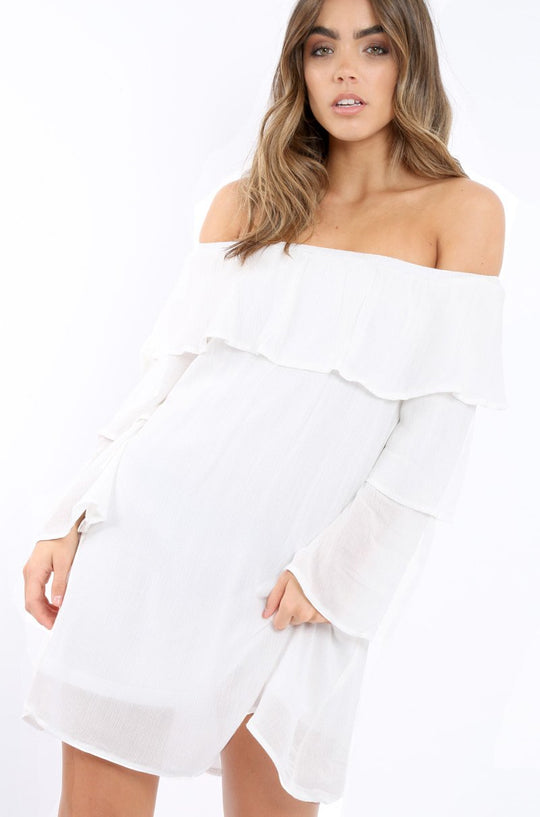 White Bardot Frill Shift Dress - Lucina
