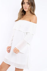 White Bardot Frill Shift Dress - Lucina