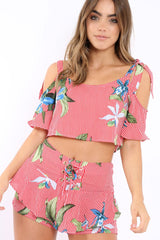 Red Striped Floral Cold Shoulder Top - Madalene