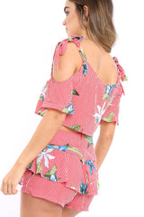 Red Striped Floral Cold Shoulder Top - Madalene