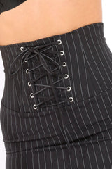 Black Pinstripe Skirt Lace Up Skirt -  Lela