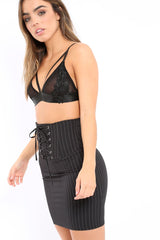 Black Pinstripe Skirt Lace Up Skirt -  Lela