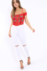 Red Mesh Flower Applique Bodysuit -  Sabella