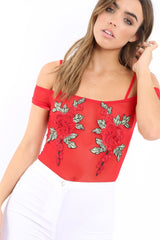 Red Mesh Flower Applique Bodysuit -  Sabella