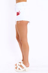 White Embroidered Demin Shorts - Leo