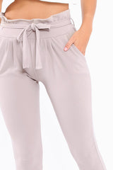 Grey Paper Bag Tie Waist Cigarette Trousers - Karmen