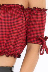Red Gingham Ruched Bardot Gypsy Crop Top - Janette
