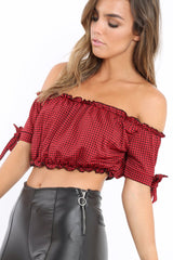 Red Gingham Ruched Bardot Gypsy Crop Top - Janette