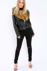 Black Faux Leather Biker Jacket with Brown Fur Collar - Livi