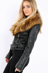 Black Faux Leather Biker Jacket with Brown Fur Collar - Livi