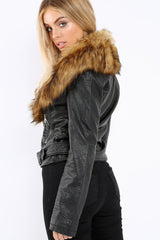 Black Faux Leather Biker Jacket with Brown Fur Collar - Livi