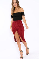 Wine Pleated Wrap Over Skirt - Monica