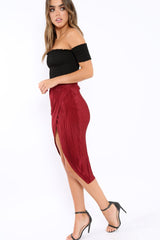 Wine Pleated Wrap Over Skirt - Monica