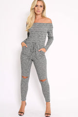 Grey Ribbed Rip Knee Jumpsuit - Chyna