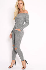 Grey Ribbed Rip Knee Jumpsuit - Chyna