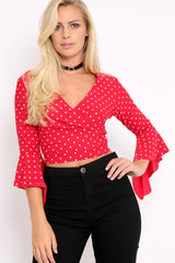 Red Polka Dot Plunge Bell Sleeve Crop Top - Merla