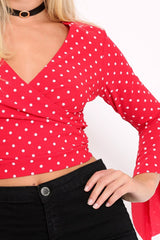 Red Polka Dot Plunge Bell Sleeve Crop Top - Merla