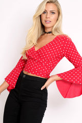Red Polka Dot Plunge Bell Sleeve Crop Top - Merla