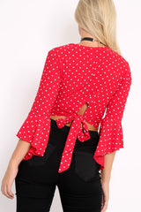 Red Polka Dot Plunge Bell Sleeve Crop Top - Merla