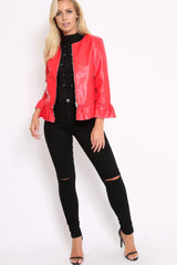 Red Faux Leather Frill Hem Jacket - Cherrie