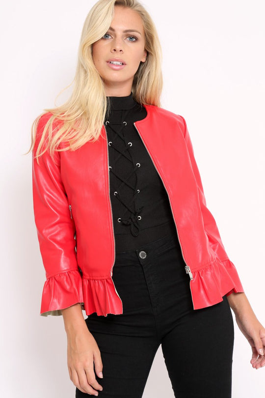 Red Faux Leather Frill Hem Jacket - Cherrie