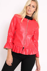 Red Faux Leather Frill Hem Jacket - Cherrie