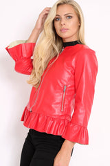 Red Faux Leather Frill Hem Jacket - Cherrie