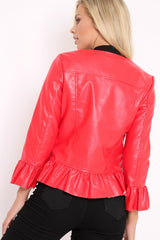Red Faux Leather Frill Hem Jacket - Cherrie